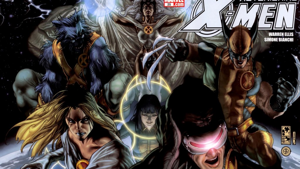 Wolverine, Cyclops, Armor, Emma Frost, Beast, and Storm on the conver of Astonishing X-Men #25