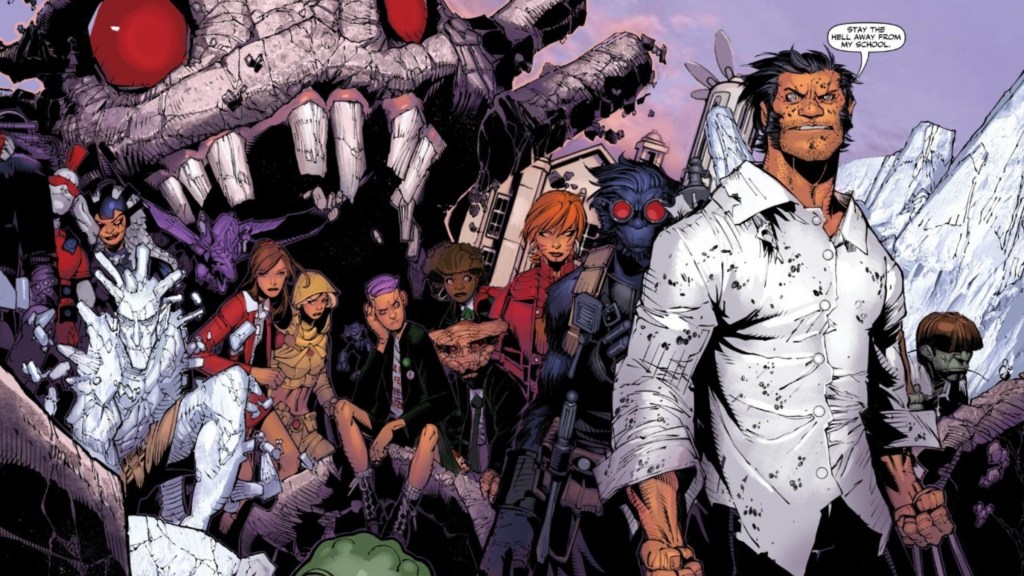 Wolverine, Toad, Beast, Rachel Summers, Temper, Quentin Quire, Kitty Pryde, Husk, Lockheed, Iceman, Warbird, Kid Gladiator, and Krakoa on the lawn ofd the Jean Grey School