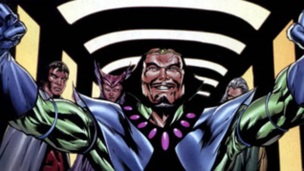 Emperor D'Ken returning to his people in front of Vulcan, Deathbird, and his major domo