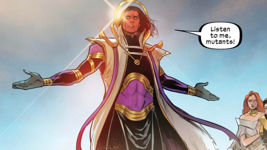 Exodus with the sun shining down on him with his arms spread with Hope Summers and Destiny looking on