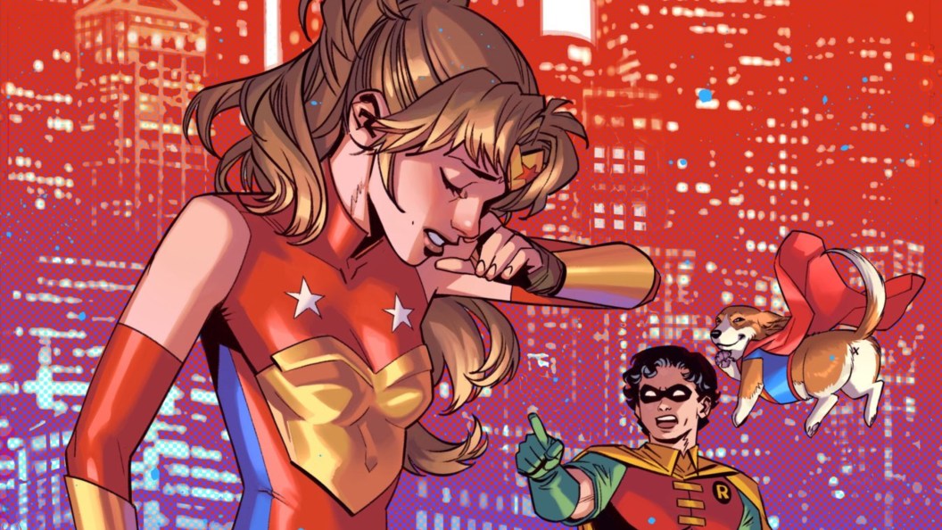 Trinity crying while Jason Todd angrily points at her and Super-Corgi flies around behind her