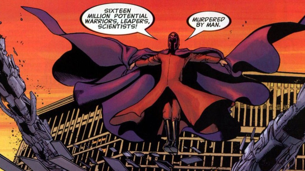 Magneto floating with his cape unfurled