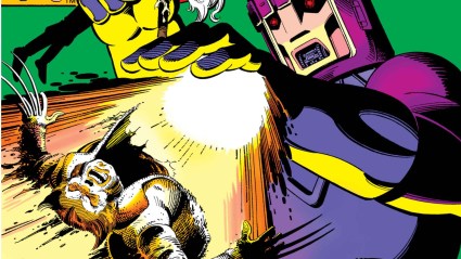 A Sentinel holding Storm and blasting Wolverine from Days of Future Past