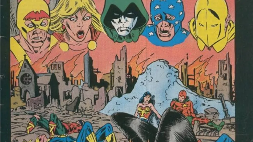 Hawkman, Power Girl, the Spectre, the Star-Spangled Kid, and Doctor Fate looking down on the fallen members of the team