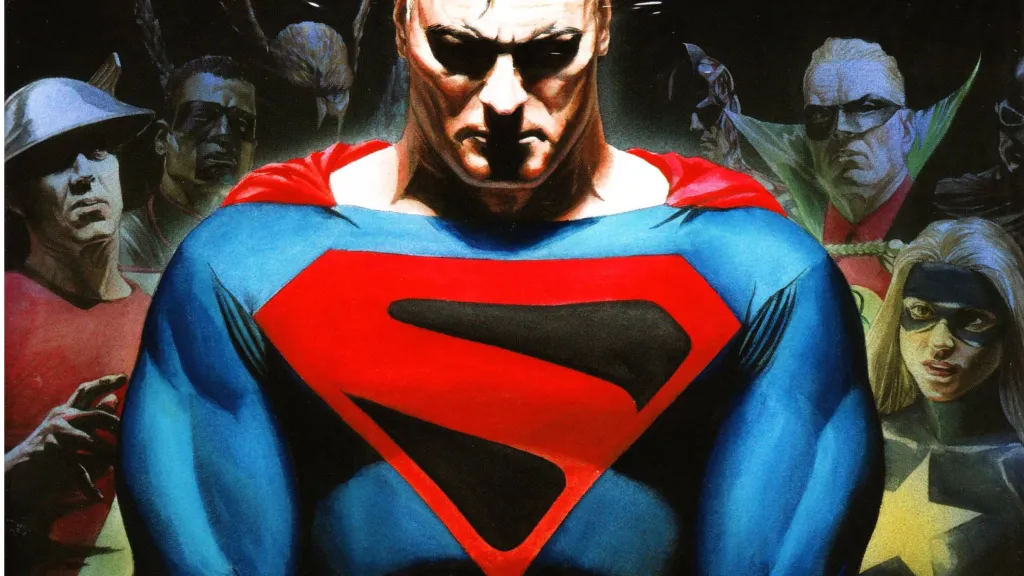 The Justice Society looking at Kingdom Come Superman