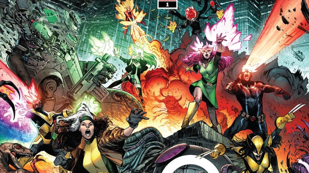 Synch, Rogue, Polaris, Sunspot, Jean Grey, Cyclops, and Wolverine battling aliens