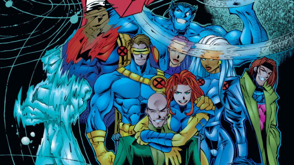  A reflection of Iceman, Bishop Cyclops, Cannonball, Beast, Jean Grey, Storm, and Xavier with water dripping onto the reflection