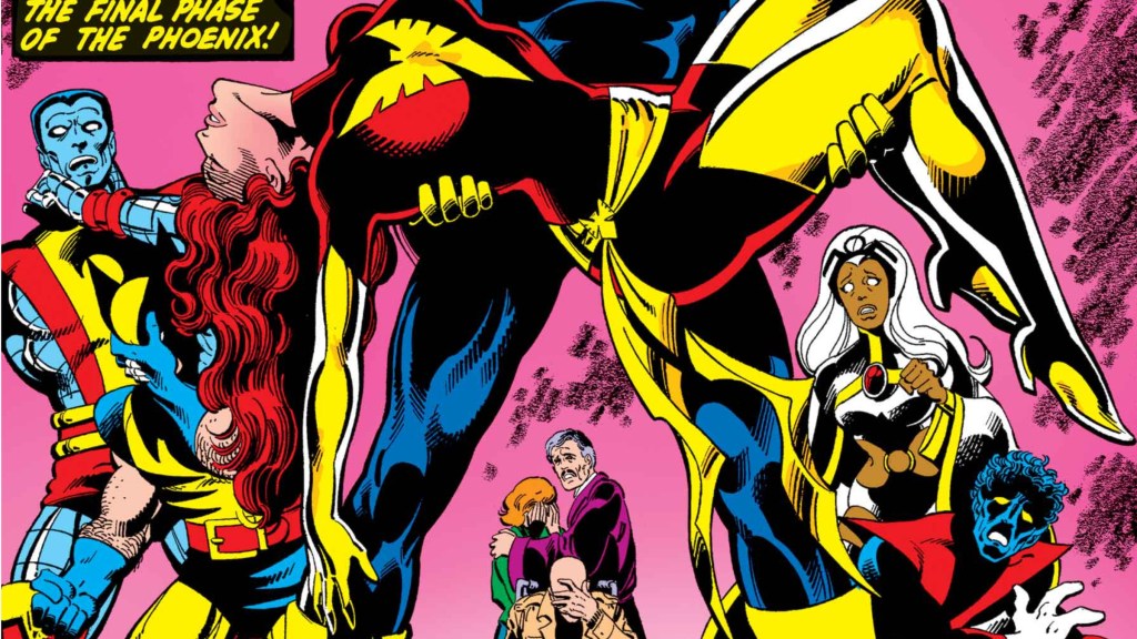 Colossus, Wolverine, Cyclops Holding Phoenix, Xavier and Jean's parents, Storm, and Nightcrawler from The Dark Phoenix Saga