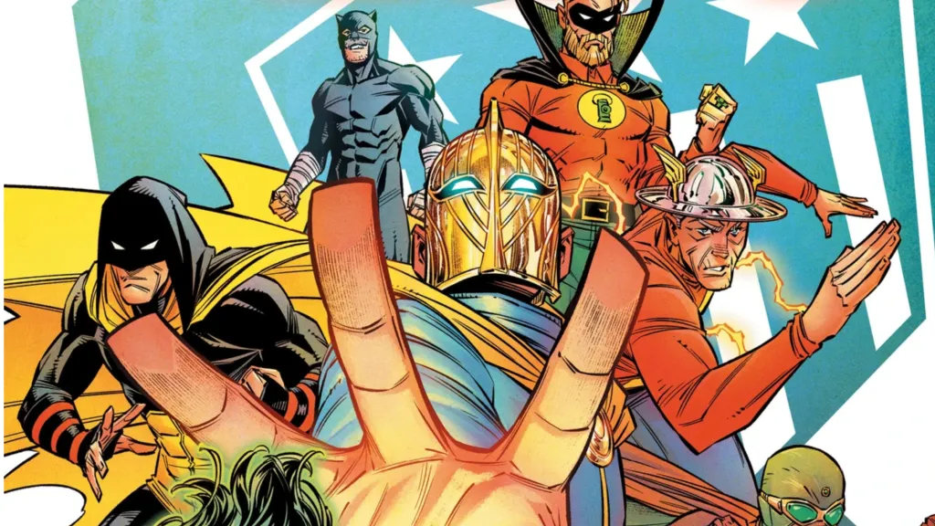 Wildcat, Alan Scott, Jay Garrick, Doctor Fate, and Hourman together