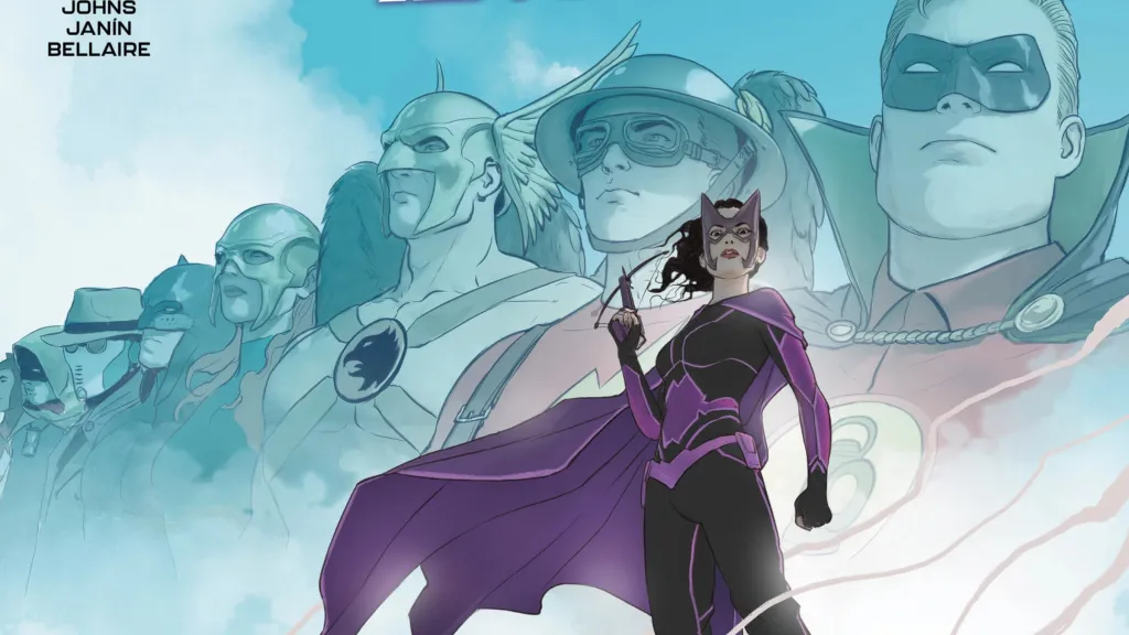 Huntress standing in front of the Justice Society founder