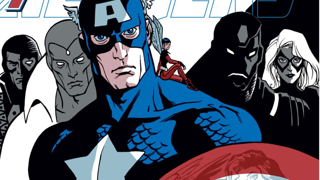 Jack of Hearts, Vision, Captain America, Wasp, Iron Man, and Ms Marvel standing together