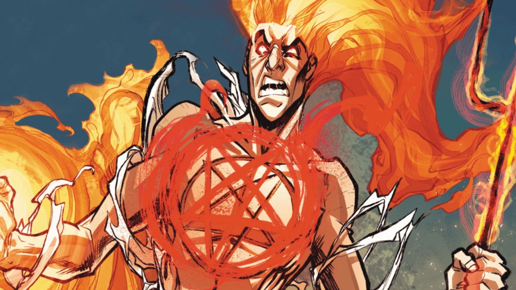 Damian Hellstrom wreathed in hellfire and holding his demonic trident