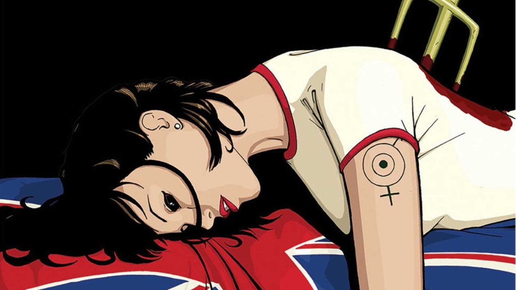 Britannia dead lying on the Union Jack with a trident in her back