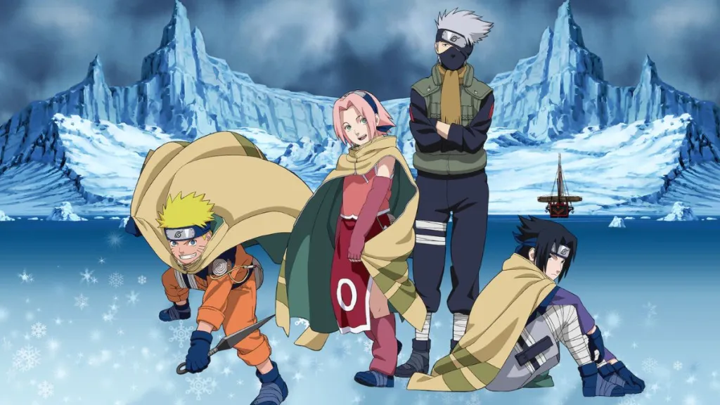 Naruto., Hinata, Sasuke standing on ice