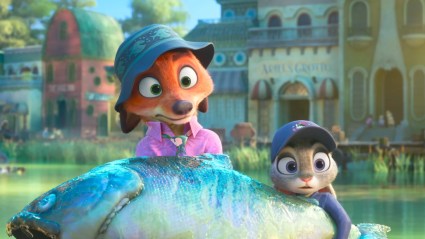 Nick and Judy holding fish in Zootopia 2