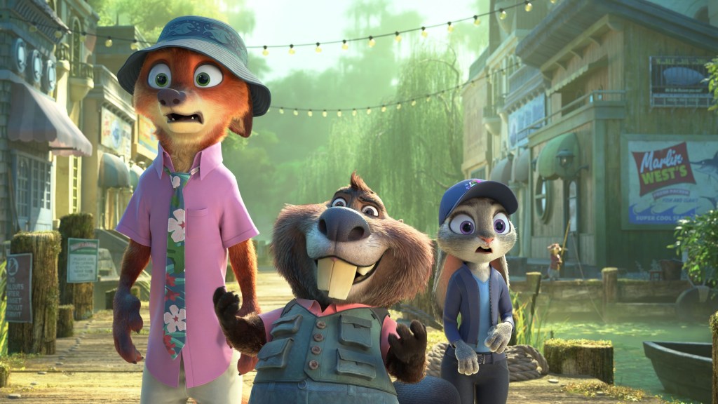 Nick and Judy with beaver in Zootopia 2