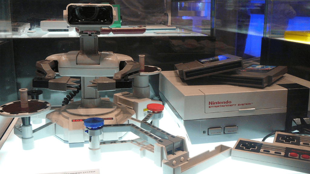 The first Nintendo Entertainment System, showing all of the games and accessories, including R.O.B.