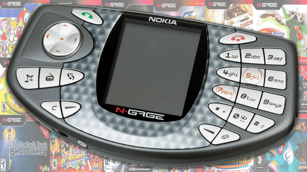 The Nokia N-Gage over a backdrop of box art from its game library.