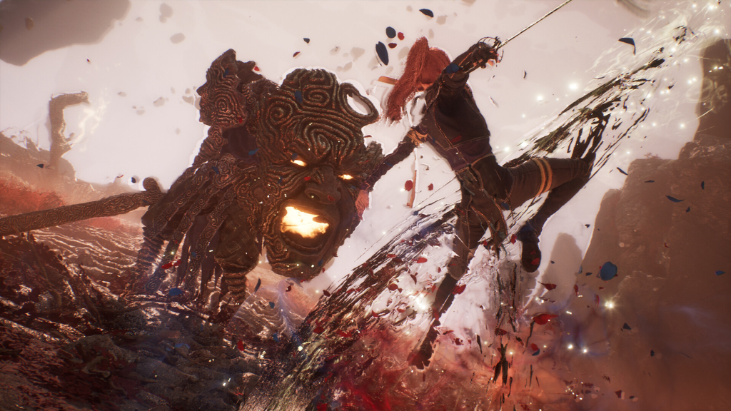 A screenshot from Clair Obscur: Expedition 33, showing combat between a player character and a big-headed monster.