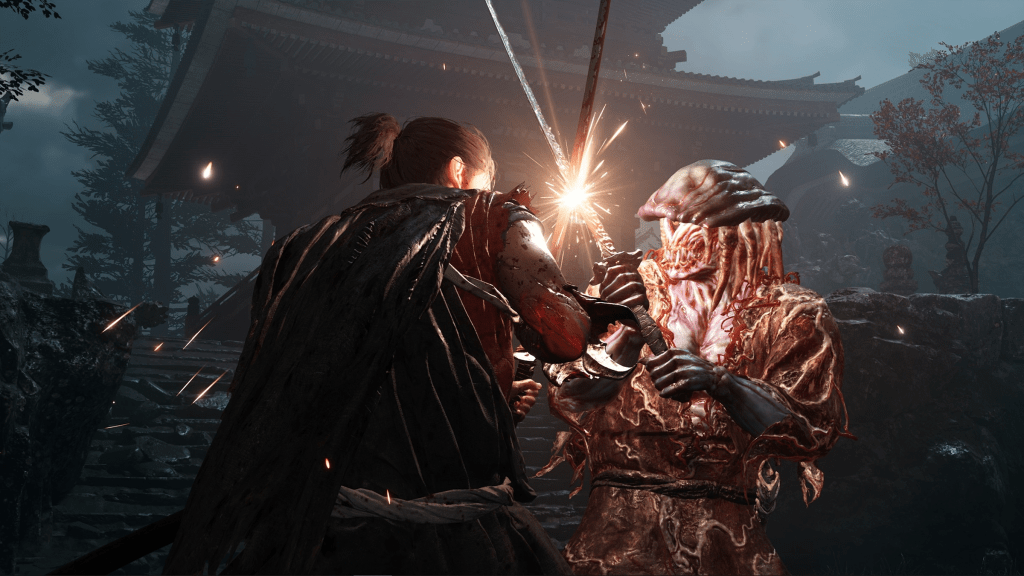 A screenshot from Onimusha: Way of the Sword, showing the player character fighting a monster.