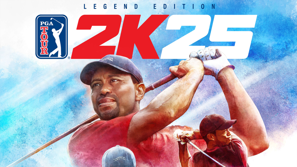 Promotional art for PGA Tour 2K25, showing golfers swinging their clubs beneath the logo.