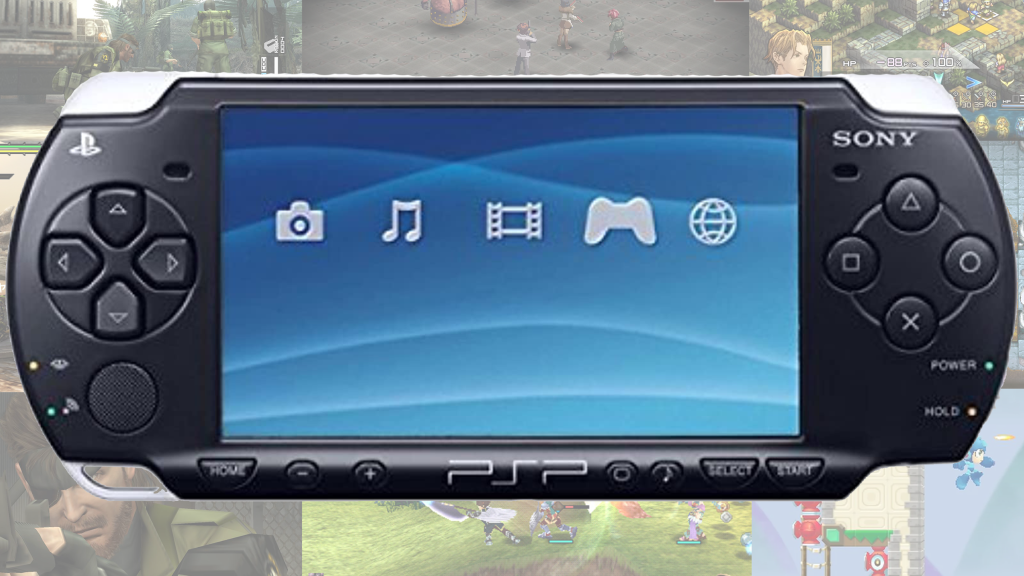 The Sony PlayStation Portable over a backdrop of PSP games.