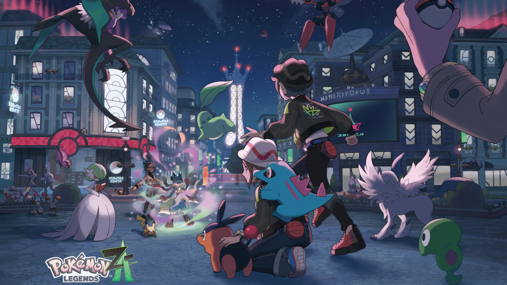 Promo art for Pokémon Legends: Z-A for the Nintendo Switch, showing numerous Pokémon.