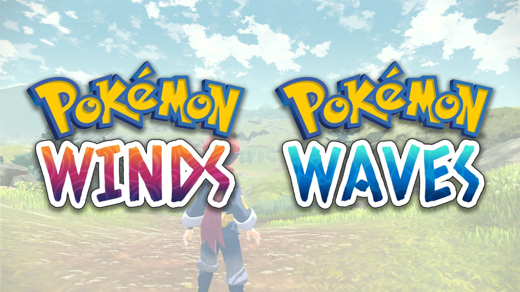 The logos for Pokemon Winds and Waves over a backdrop from Pokémon Legends: Z-A.