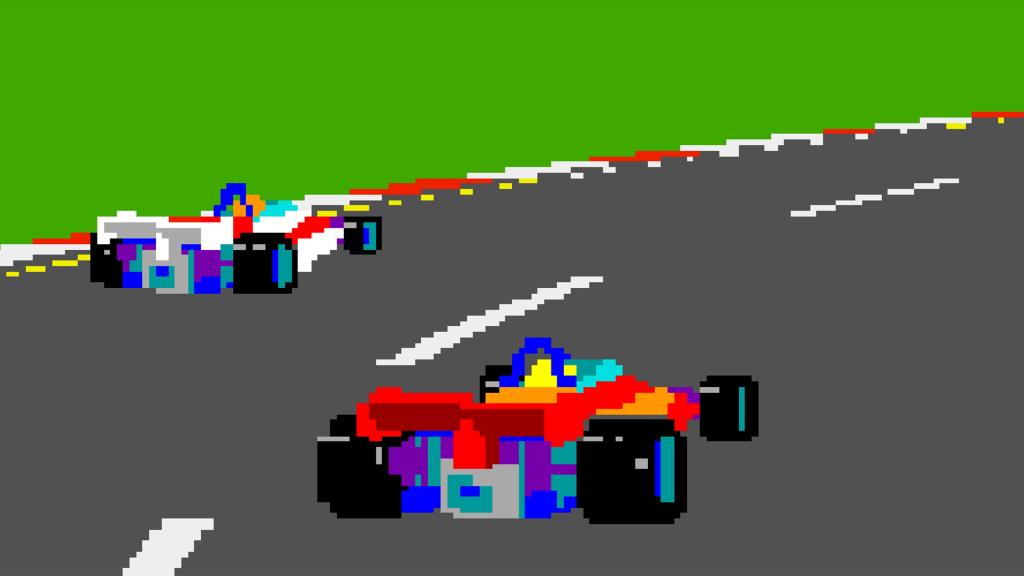 A screenshot from Pole Position, showing two cars on a track going around a curve.