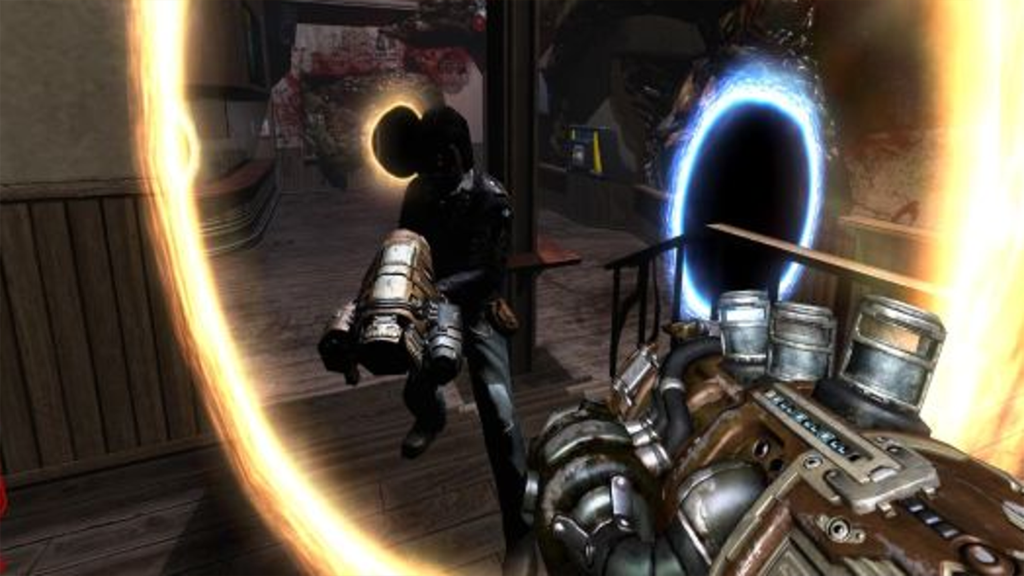 A screenshot from Prey, showing several portals in front of the player.