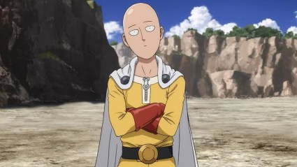 Saitama crossing his arms and tilting his head in One-Punch Man