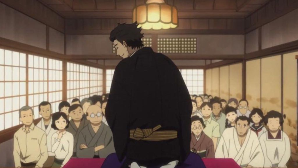 Shouwa Genroku Rakugo Shinjuu character sitting with folded knees in front of an audience