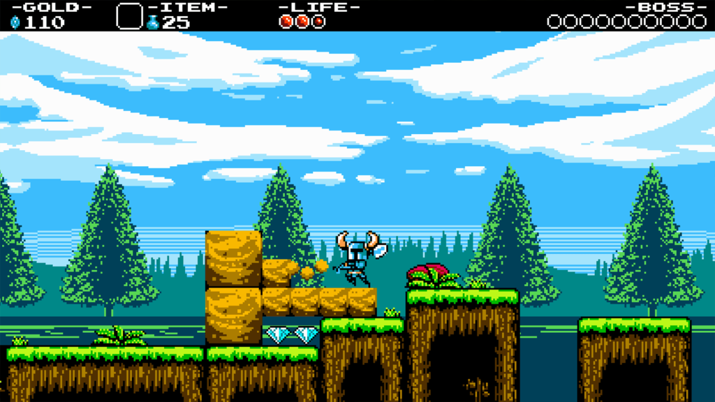 A screenshot from Shovel Knight, showing the title character on a level.