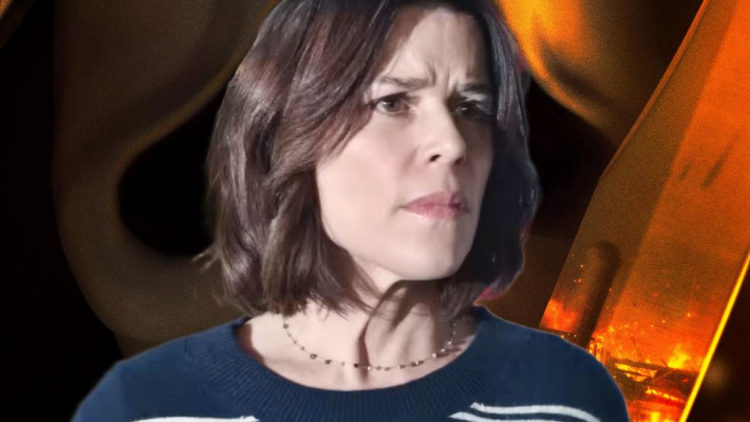 Sidney Prescott (Neve Campbell) in Scream 7, with a Ghostface poster in the background