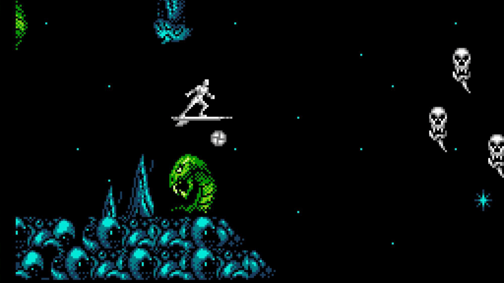 A screenshot from Arcadia Systems' Silver Surfer on the Nintendo Entertainment System, showing the titular hero flying through space.