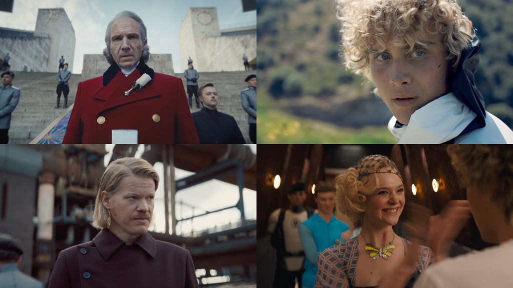 Snow, Haymitch, Effie, and Plutarch in The Hunger Games Sunrise on the Reaping