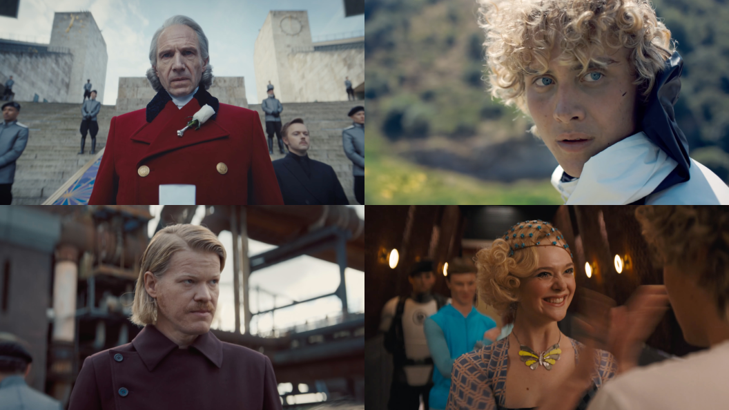 Snow, Haymitch, Effie, and Plutarch in The Hunger Games Sunrise on the Reaping