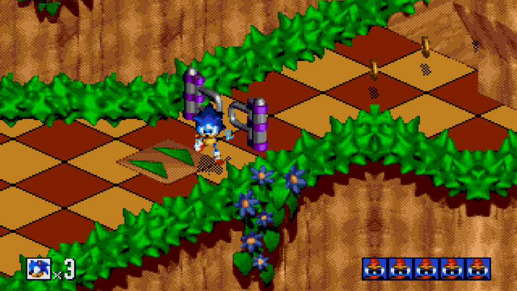 A screenshot from Sonic 3D Blast, showing Sonic running down a path.