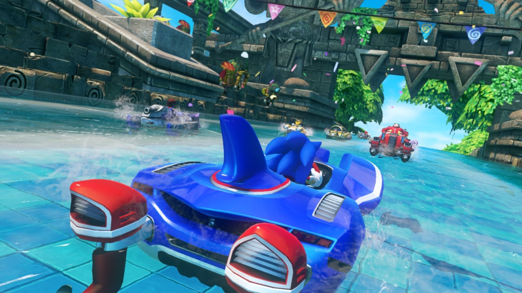 A screenshot from Sonic & All-Stars Racing Transformed, showing Sonic racing down a waterway.