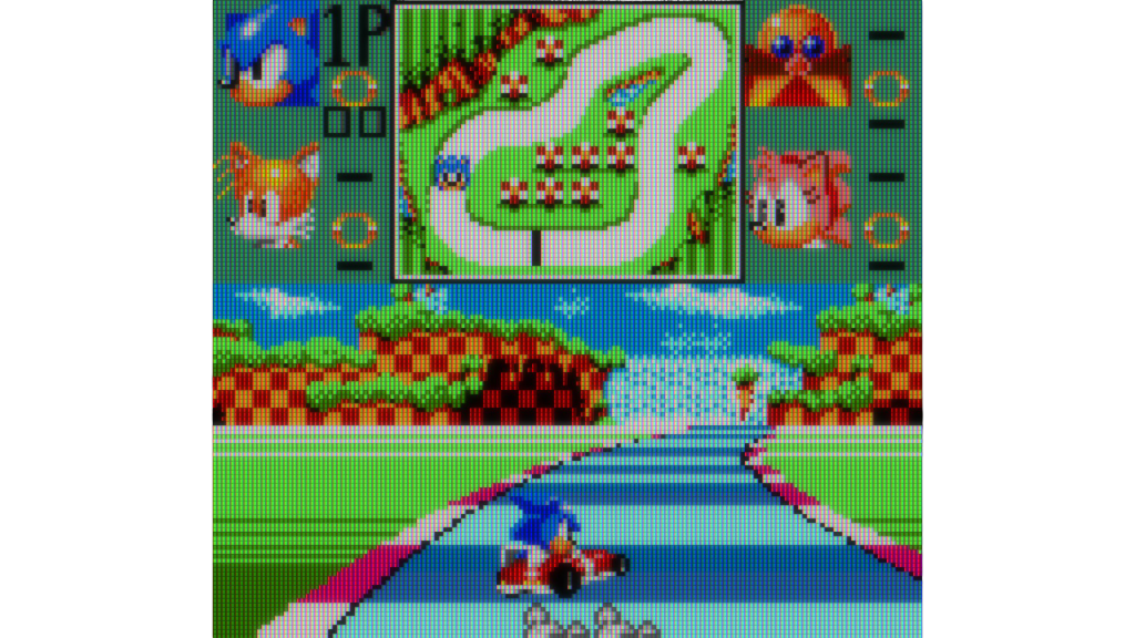 A screenshot from Sonic Drift, showing Sonic racing down a track.