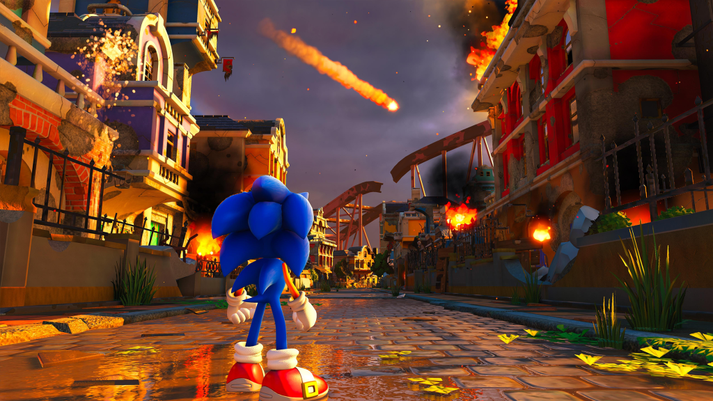 A screenshot from Sonic Forces, showing Sonic looking at a meteorite crashing down.