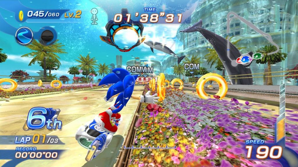 A screenshot from Sonic Free Riders, showing Sonic racing down a path as he grabs rings.