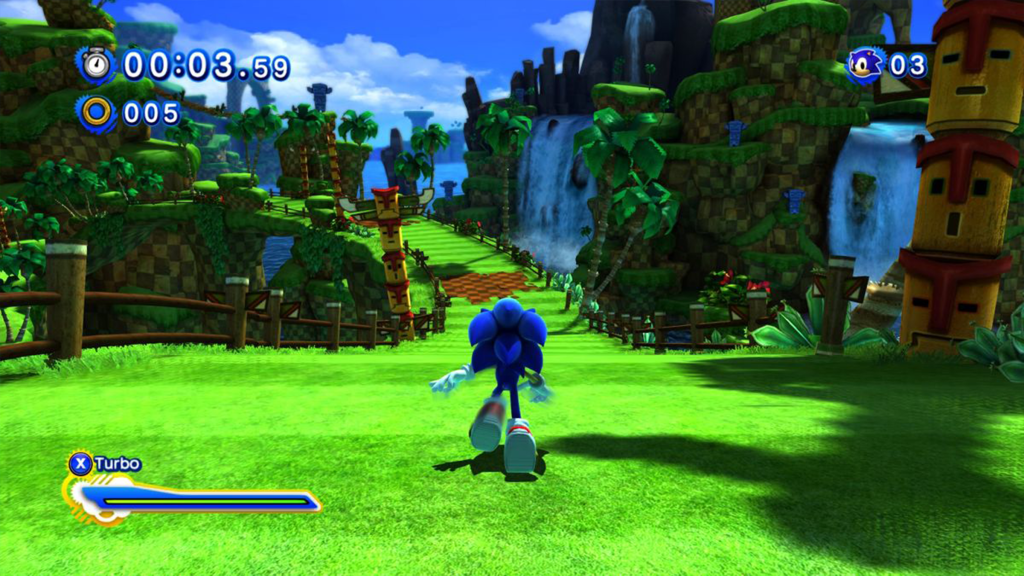 A screenshot from Sonic Generations showing Sonic running down a green path.