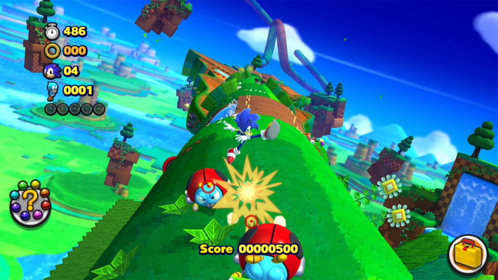 A screenshot from Sonic Lost World, showing Sonic kicking a ladybug enemy on a large, tubular platform.