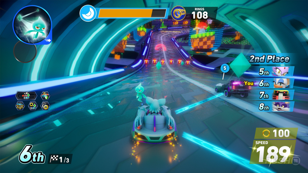 A screenshot from Sonic Racing: CrossWorlds, showing a race through a tunnel.
