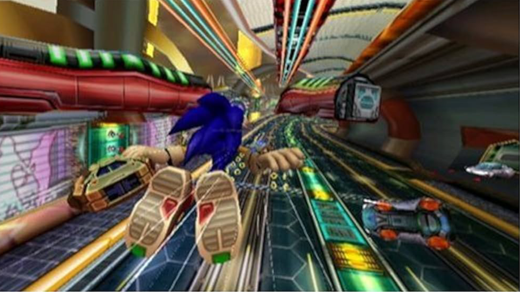 A screenshot from Sonic Riders: Zero Gravity, showing Sonic flying through a track.