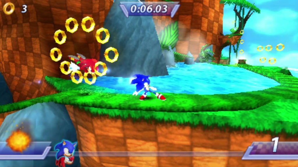 A screenshot from Sonic Rivals, showing Sonic running on a green slope by water and a cliff.