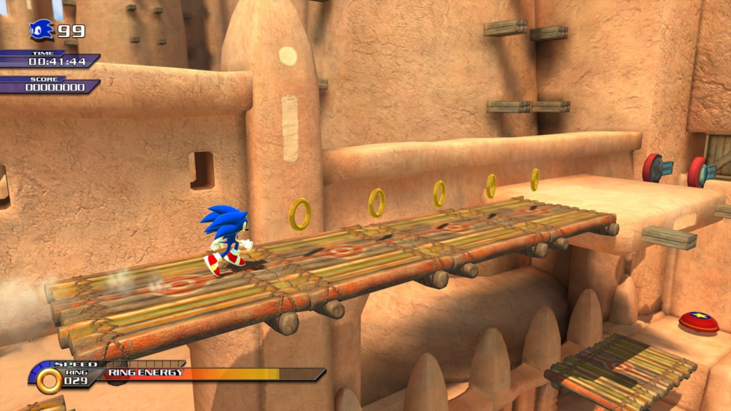 A screenshot from Sonic Unleashed, showing Sonic running across a bridge.