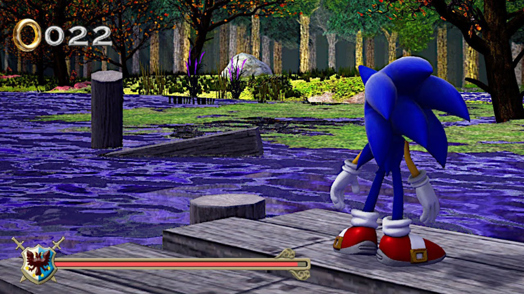A screenshot from Sonic and the Black Knight, showing Sonic on a dock looking towards the water.