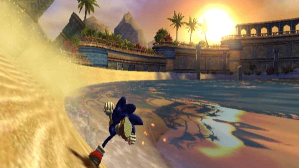 A screenshot from Sonic and the Secret Rings,. showing Sonic racing by the water.